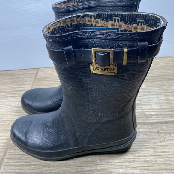 Pendleton Men’s Rain Boots Size 10 US – Black Rubber Embossed Tribal Pattern - Picture 7 of 15